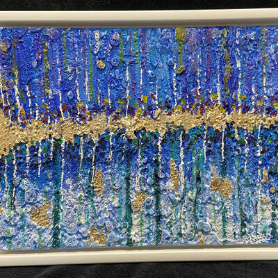 Abstract Mixed-Media Texture Shades of blue and Gold leafing