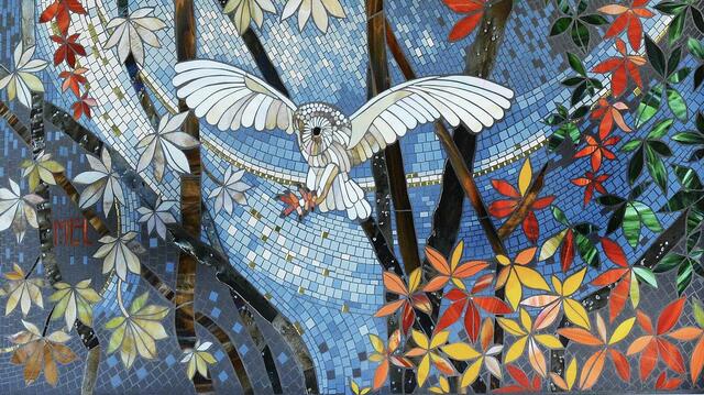 Melanie Mosaics, public art, wall art, art trail, bucks art, owl, flora and fauna, declining species, glass, community art, art for wellbeing, milton keynes, leaves, tiles, northampton, Oxford art