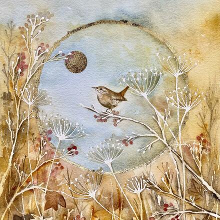 Watercolour painting of hedgerow flowers and wren, gilded gold circle around bird
