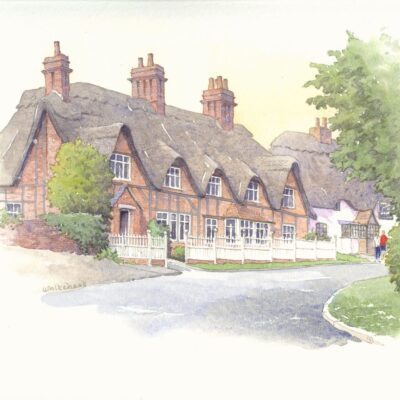 John Whitehead: Thatched rooftops in Adstock in pen and watercolour.