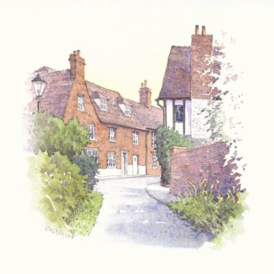 John Whitehead: Looking towards Church Street from Mill Lane, Buckingham, with the Manor House just appearing on the right.  Pen and watercolour.