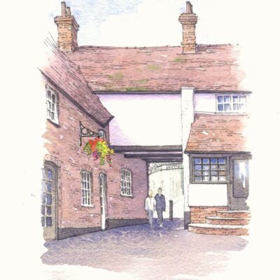 John Whitehead: A small shopping area in Buckingham, formerly stables and cottages.  Grey pen and watercolour.