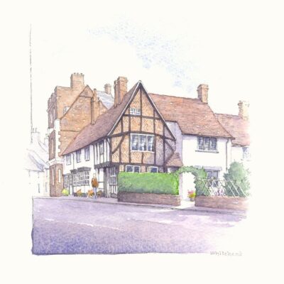 John Whitehead: An ornate gable in Horn Street, Winslow, in pen and watercolour.