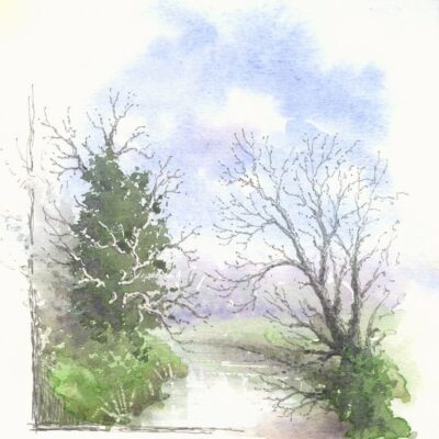 John Whitehead: A small watercolour of the Great Ouse passing through Buckingham.