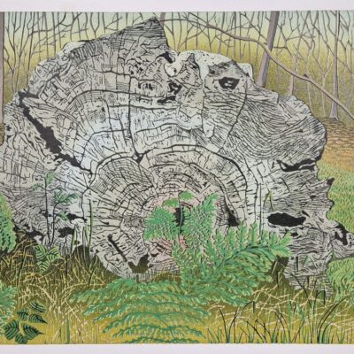 Vonnie Raw (a.k.a. Cogbeetle art): Handmade lino-reduction print. Title: Tree portraits #2: Whispers in the wind