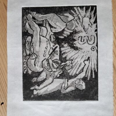 Anne Keleny: Etching: Climate change: the writing on the wall (Belshazzar's Feast)