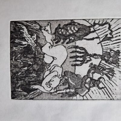 Anne Keleny: Etching:Climate change: the sleep of Reason brings forth monsters (against the blazing sun)
