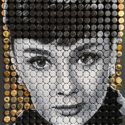 Lesley Humphreys: Audrey Bottle Tops - Acrylic & Wine bottle tops 99 x 74cms
