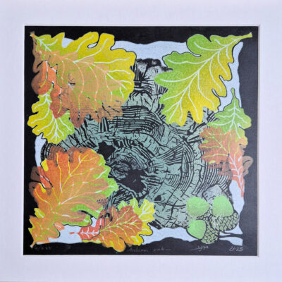 Vonnie Raw (a.k.a. Cogbeetle art): Handmade lino-reduction print. Title: Autumn oak