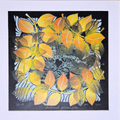 Vonnie Raw (a.k.a. Cogbeetle art): Handmade lino-reduction print. Title: Autumn's golden glow