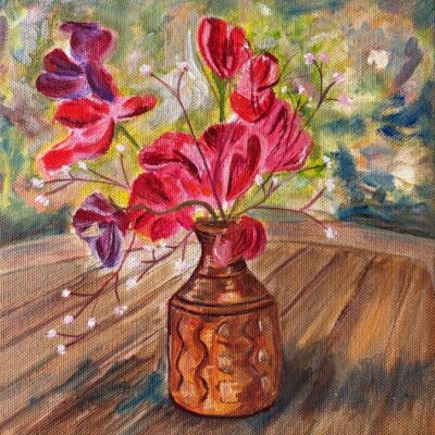 Helen Abbott: Simplice e Dolce (Sweet peas ) Oil on canvas 20cm x 20cm