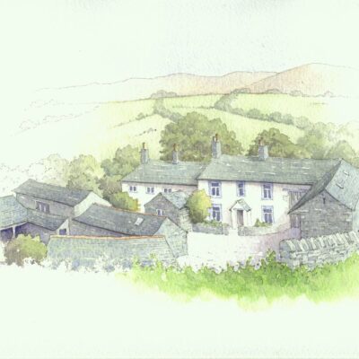 John Whitehead: An unusual view of a farm near Loweswater from a footpath above rooftop height.  Pen and watercolour.