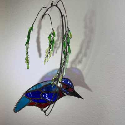 Purple Urchin Glass: Kingfisher, copper foiled stained glass with wirework, paint and beads
