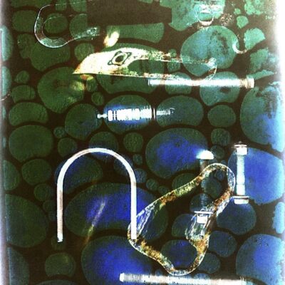 Paige Griffiths: First attempt at scanography for a college project. Metal parts I found, photoshopped with an overlay of a screen-print pattern I did.