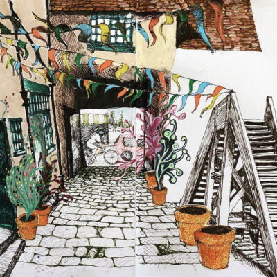 Melissa Mostyn: "Fairy village backyard", 2018. Coloured pen and ink, paper collage. Available in print only