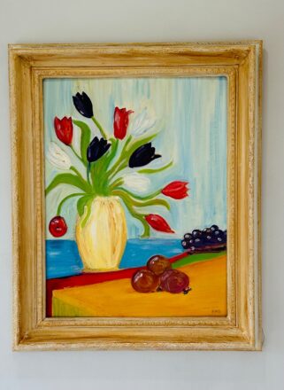 £105 “Tulips in Colour” 23x18” incl. gold painted wooden frame.