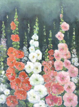 Vibrant Hollyhocks. Acrylic