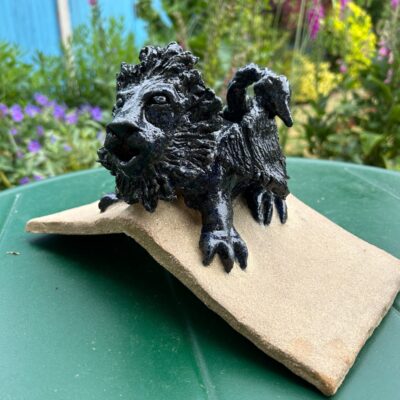 Edith Garraway: Stoneware glazed winged lion gargoyle shed roof tile