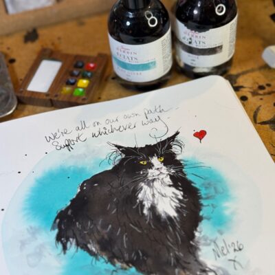 Mel Cairns (i.am.melc): Sketchbook illustration of black & white cat with a quote