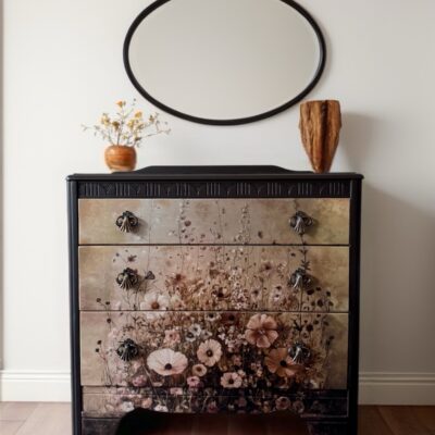 Blue Boy Furniture: 1950s Lebus chest of drawers handpainted and decoupaged with a neautral coloured floral paper.