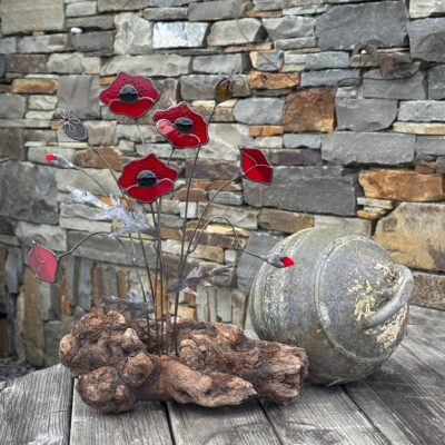 Purple Urchin Glass: Poppies, copper foiled stained glass with wire work mounted on driftwood