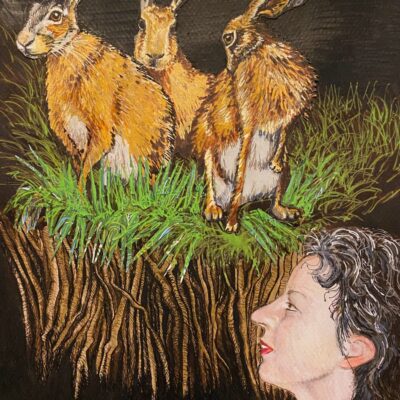 Melissa Mostyn: "Last night I dreamt of hares in sensor lights," 2023. Mixed media and paper collage