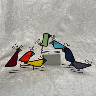 Purple Urchin Glass: Quirky birds, copper foiled stained glass with wirework