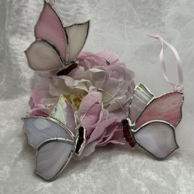 Purple Urchin Glass: Butterflies, copper foiled stained glass with wirework