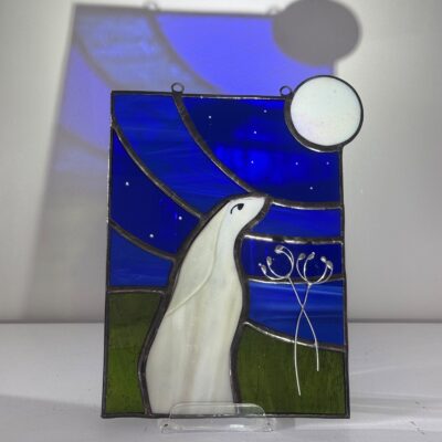 Purple Urchin Glass: Moon Gazing Hare, copper foiled stained and fused glass with gilded engraving, painting and wirework