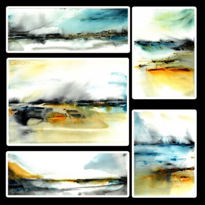 Shalini Belur: Indigo Shores - Original Watercolours Collage Set In A Black FrameIn