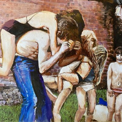 Melissa Mostyn: "Cousins at Play," 2023. Mixed media and acrylic, paper collage