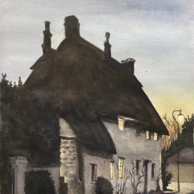 Melissa Mostyn: "Thatched cottage at dusk," 2025. Watercolour