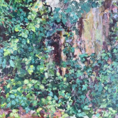 Nicola Saunderson: Bottom of the garden 2,  Acrylic and mixed media on canvas,  41 x 31cm, 2025.