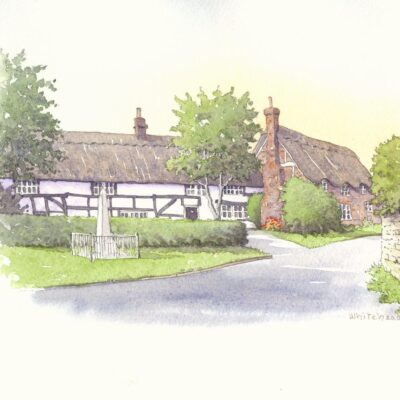 John Whitehead: A scene in Padbury which caught my eye as I drove past, grey pen and watercolour.