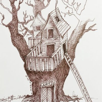 Melissa Mostyn: "Accessible treehouse," 2018. Pen and ink. Available in print only