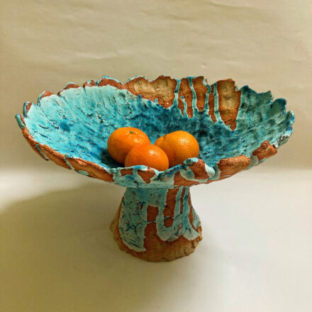 platter with foot, stoneware, dry blue glaze