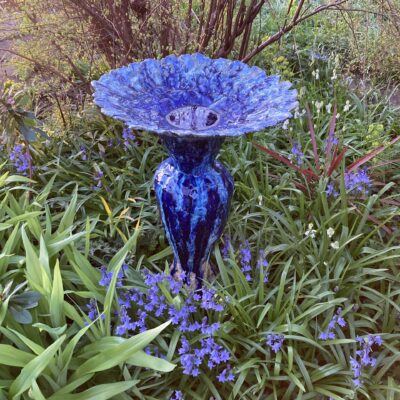 Sally Dorrity: birdbath, stonewarem blue glazes and glass