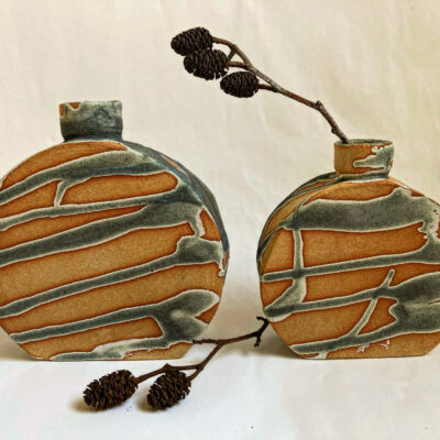 Sally Dorrity: pilgrim bottle, stoneware, dry green glaze