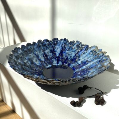 Sally Dorrity: platter, stoneware, blue glazes and glass