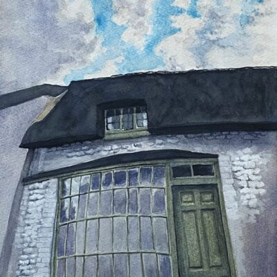 Melissa Mostyn: "Thatched cottage in light shade", 2025. Watercolour, Posca pen