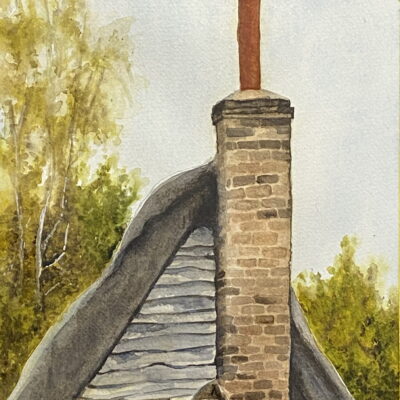 Melissa Mostyn: "Thatched roof and tall chimney," 2025. Watercolour