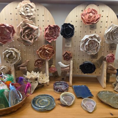 Ceramics for June Art weeks at Freya Jones: Fidget texture coins, Spoon rest, Organic shaped bowl and ring holder At  Freya Jones