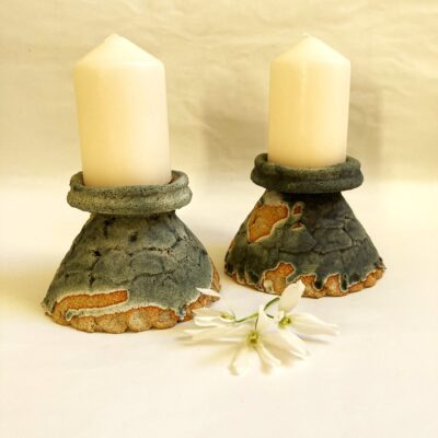 Sally Dorrity: candlesticks, stoneware, dry green glaze