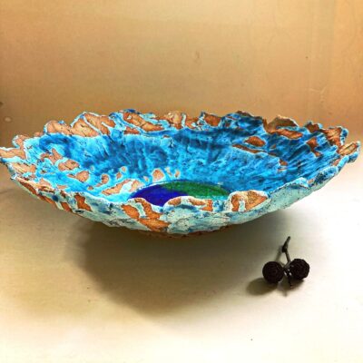 Sally Dorrity: platter, stoneware, dry blue glaze and glass