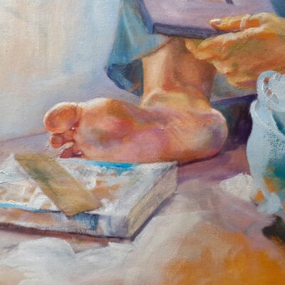 Joanna Stone: Being Emma W.I.P., detail. Oil on canvas, 120 cm x 200cm.