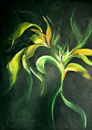 inspired by nature, flowing leaves in vibrant green and yellow