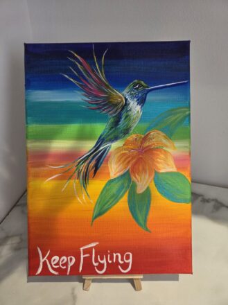 'Keep Flying...' The hummingbird is a symbol for accomplishing that which seems impossible. Acrylic on canvas 30 x 20 x 1.5 cm £30