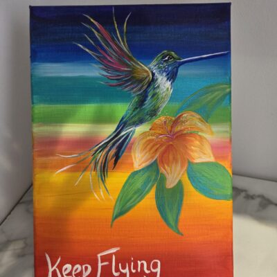 Natalie Bartrum: 'Keep Flying...' The hummingbird is a symbol for accomplishing that which seems impossible. Acrylic on canvas 30 x 20 x 1.5 cm £30