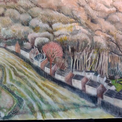 Fiona McMillan: Gouache on watercolour paper. View of Wendover Woods