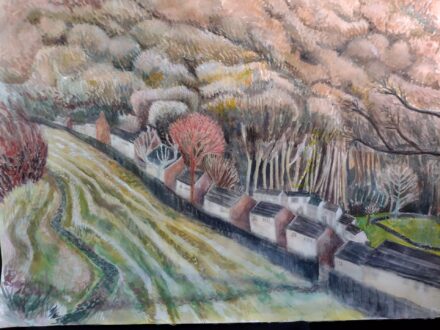 Gouache on watercolour paper. View of Wendover Woods